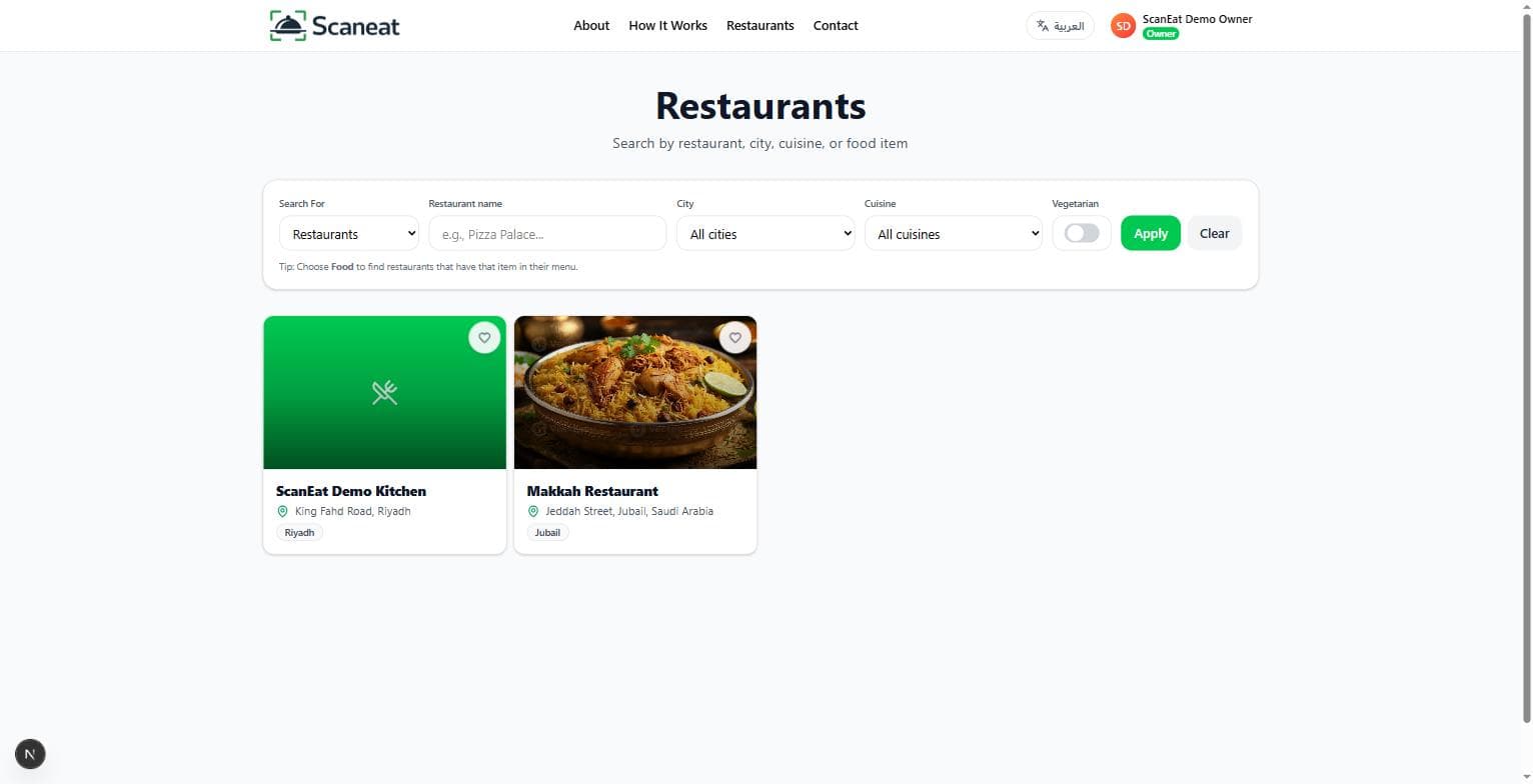 Browsing the ScanEat restaurant directory to find a place to order from