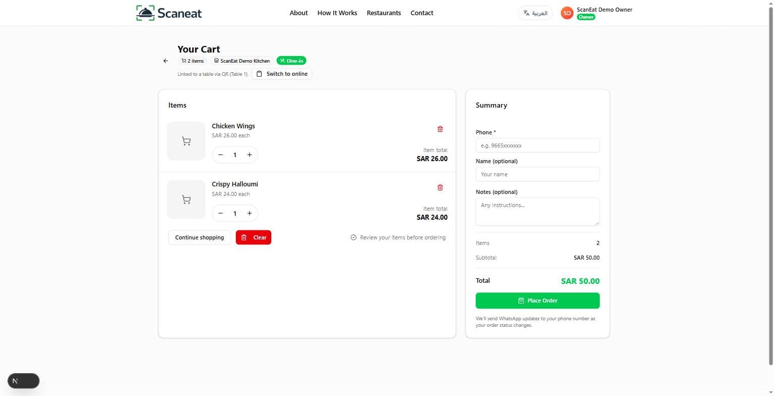 Reviewing a cart before choosing dine-in, pickup, or delivery