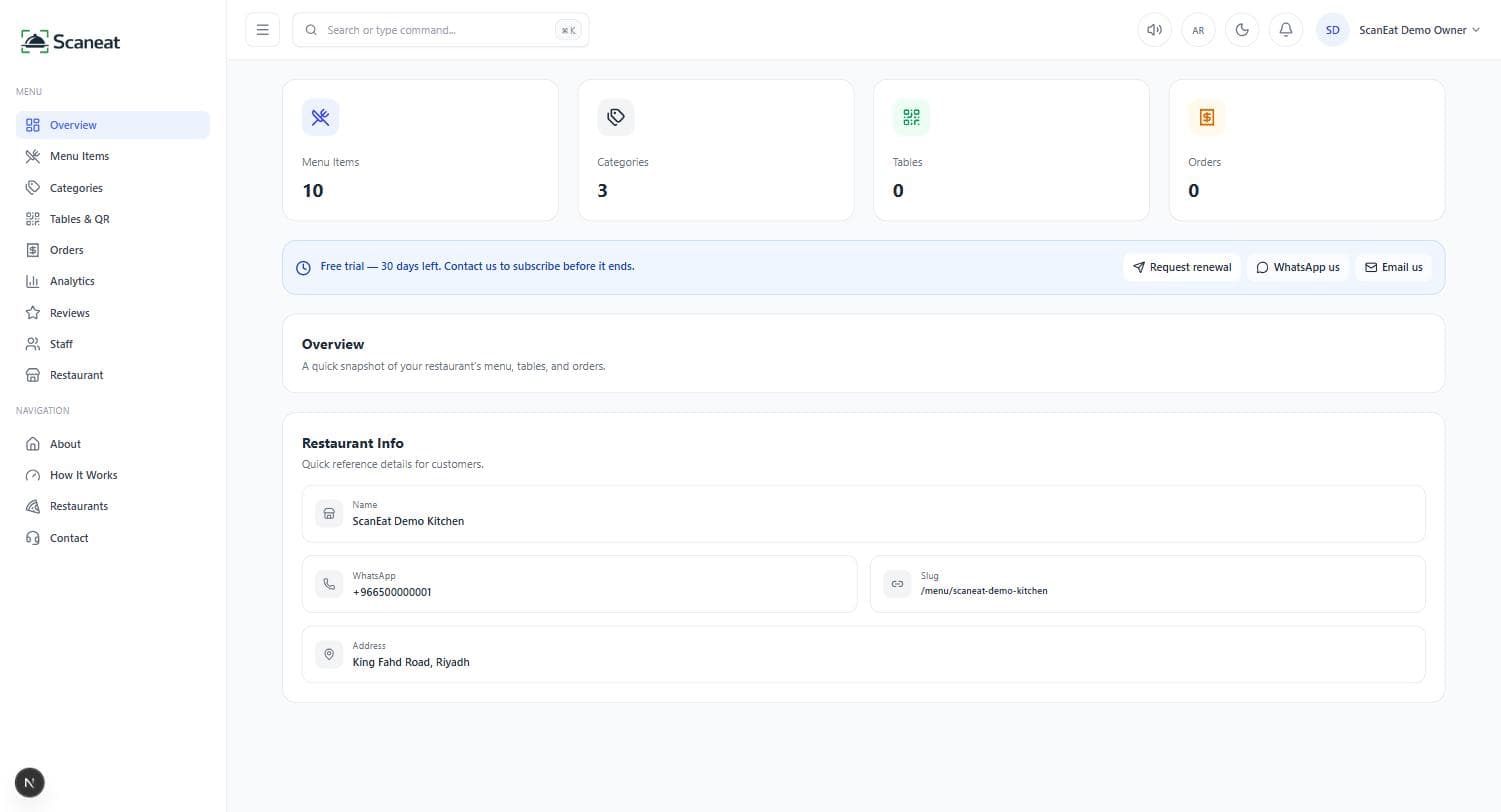 Restaurant profile overview in the ScanEat owner dashboard